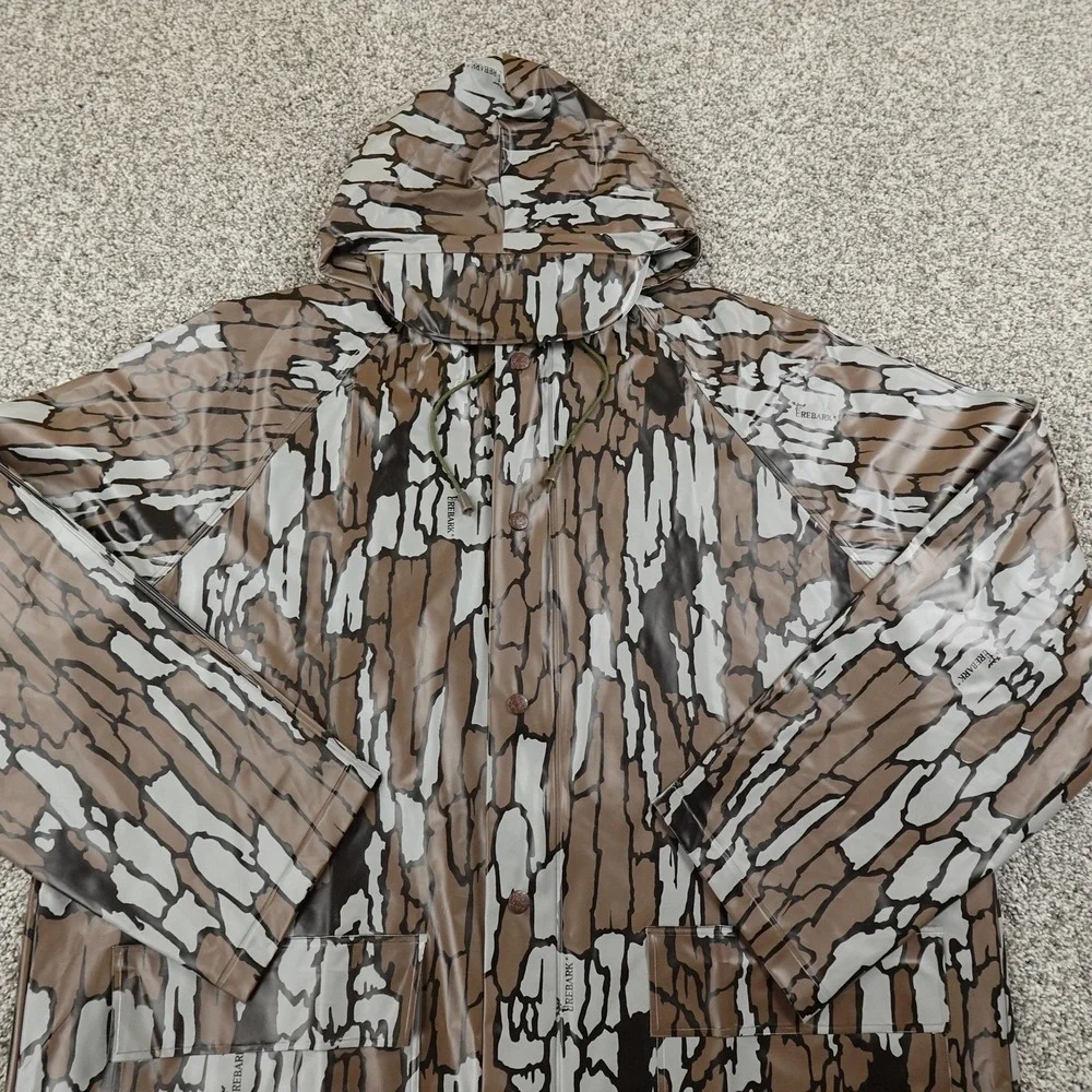 VTG Trebark Camo Jacket Mens M Vinyl Hood  Windbreaker Rain Coat Hunting 80s 90s